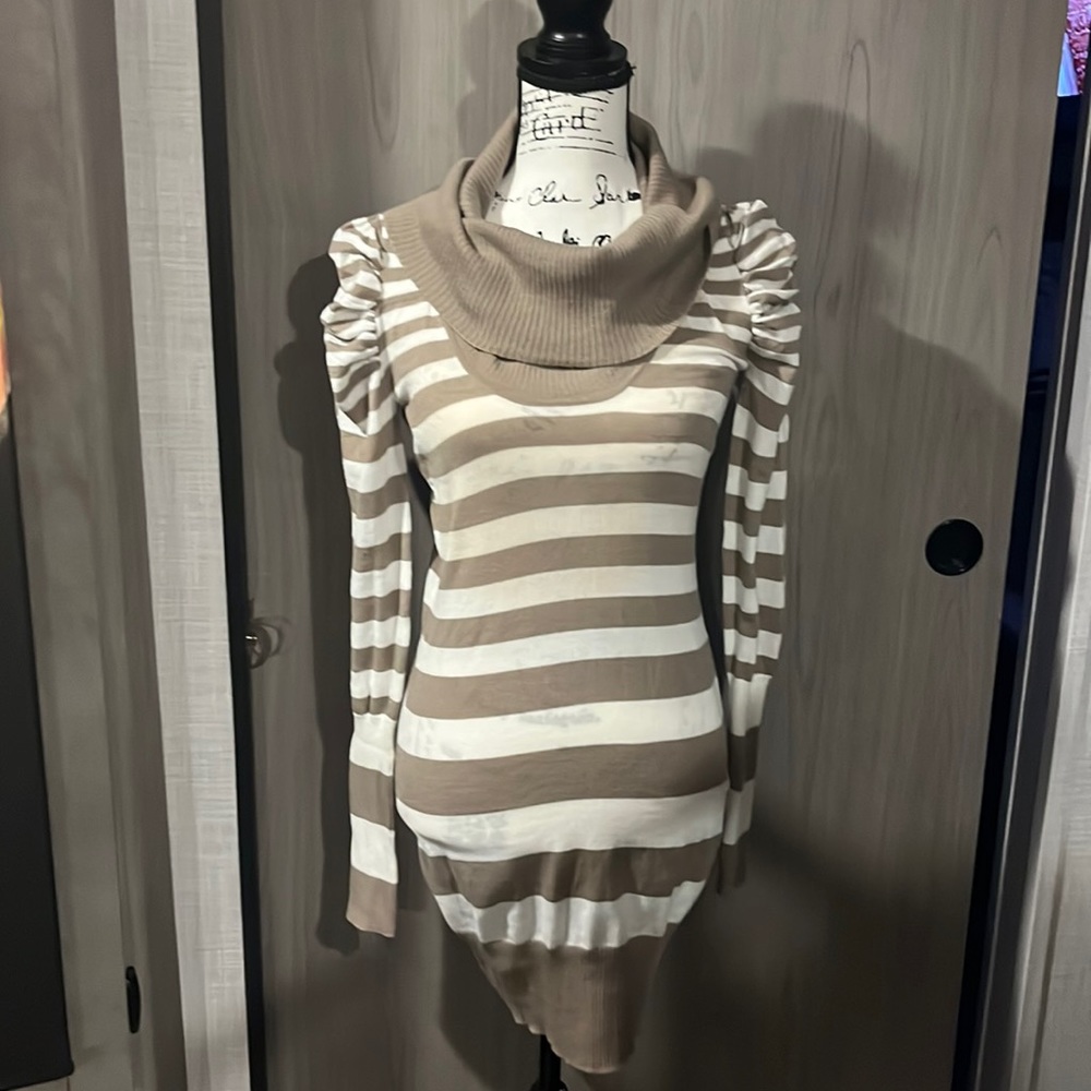 Tan and white striped sweater dress